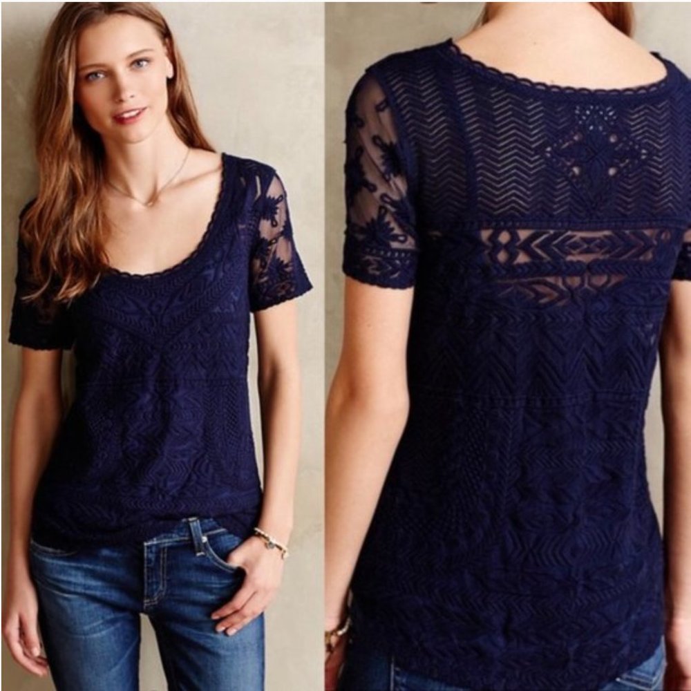 Anthropologie Meadow Rue Navy Lace Knit Top